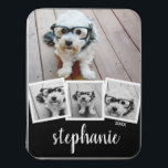 Trendy 4 Photo Collage Script Name White Black Jigsaw Puzzle<br><div class="desc">You can use square or selfie photos for this design. Use four square photos to create a unique and personal gift. Or you can keep the hipster puppy and make a trendy keepsake. If you need to adjust the pictures,  click on the customize tool to make changes.</div>