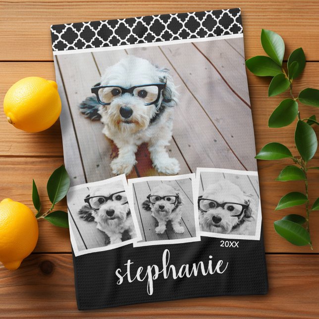 Trendy 4 Photo Collage Script Name White Black Kitchen Towel (Personalized Kitchen Towel with photos and text - Makes a great gift)