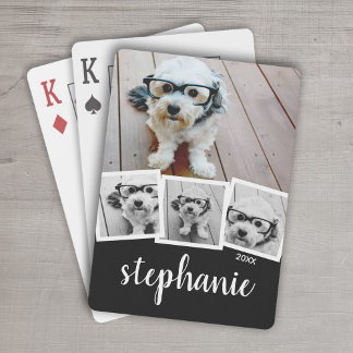 Trendy 4 Photo Collage Script Name White Black Playing Cards