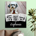 Trendy 4 Photo Collage Script Name White Black Poster<br><div class="desc">Black and White - Use up to 4 square photos to create a unique and personal gift. Or you can keep the hipster puppy and make a trendy keepsake. If you need to adjust the pictures, click on the customize tool to make changes.</div>