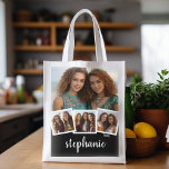 Trendy 4 Photo Collage Script Name White Black Reusable Grocery Bag<br><div class="desc">You can use square or selfie photos for this design. Use four square photos to create a unique and personal gift. Or you can keep the hipster puppy and make a trendy keepsake. If you need to adjust the pictures,  click on the customize tool to make changes.</div>