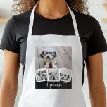 Trendy 4 Photo Collage Script Name White Black Standard Apron<br><div class="desc">You can use square or selfie photos for this design. Use four square photos to create a unique and personal gift. Or you can keep the hipster puppy and make a trendy keepsake. If you need to adjust the pictures,  click on the customize tool to make changes.</div>