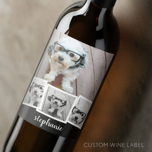 Trendy 4 Photo Collage Script Name White Black Wine Label