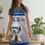 Trendy 4 Photo Collage Script Name White Blue Apron<br><div class="desc">Use four square photos to create a unique and personal gift. Or you can keep the hipster puppy and make a trendy keepsake. If you need to adjust the pictures,  click on the customize tool to make changes.</div>