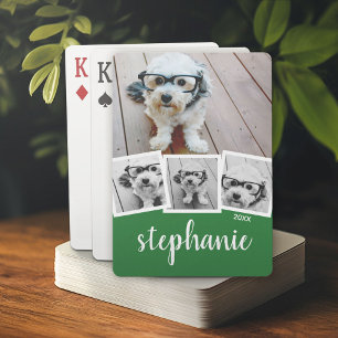 Trendy 4 Photo Collage Script Name White Green Playing Cards