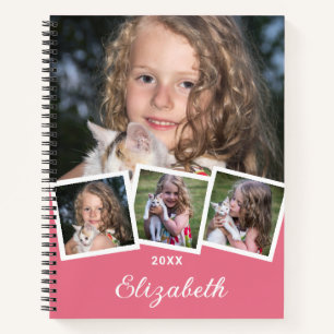 Trendy 4 Photo Collage Script Name White Pink Notebook