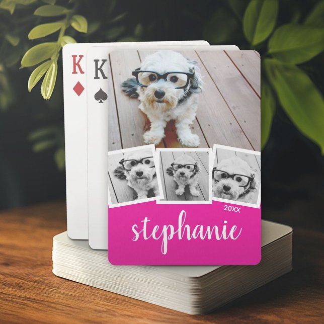 Trendy 4 Photo Collage Script Name White Pink Playing Cards (Custom Poker Playing Cards)