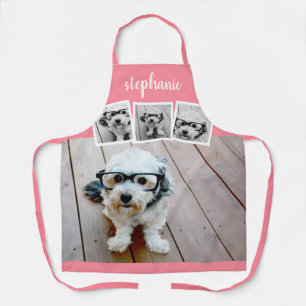 Trendy 4 Photo Collage Script Name White Rose Gold Apron