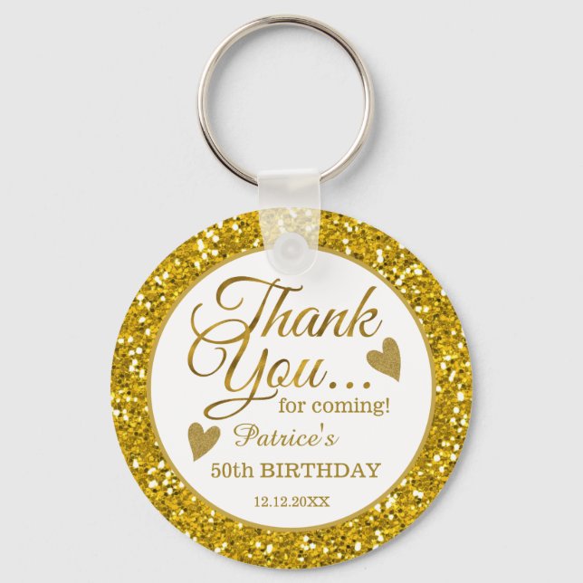 Trendy 50th Birthday Party Gold Glitter Thank You Keychain (Front)