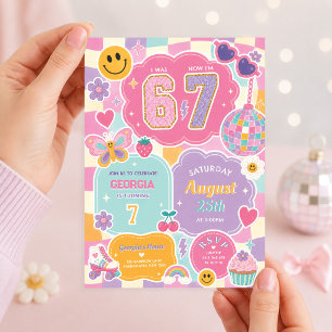 Trendy 6 7 Birthday: Groovy Chequered Rainbow Invitation
