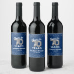 Trendy 70th Birthday Party Wine Label<br><div class="desc">Custom elegant 70th birthday party wine bottle labels featuring a trendy blue background that can be changed to any colour,  silver sparkly glitter,  seventieth silver hellium balloons,  and a modern text template that is easy to personalize.</div>