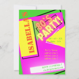 TRENDY 80S FLUORO NEON COLORFUL RETRO FUN BIRTHDAY INVITATION
