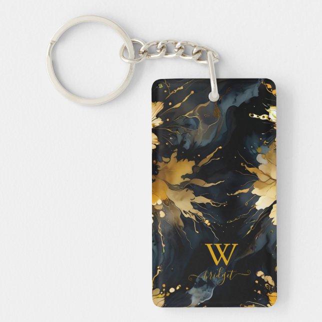 trendy abstract black gold marble keychain (Front)