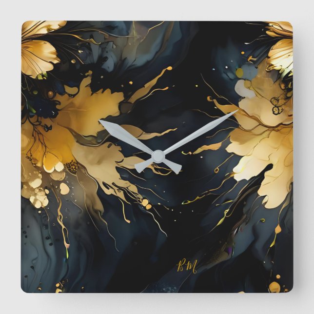 trendy abstract black gold marble square wall clock (Front)