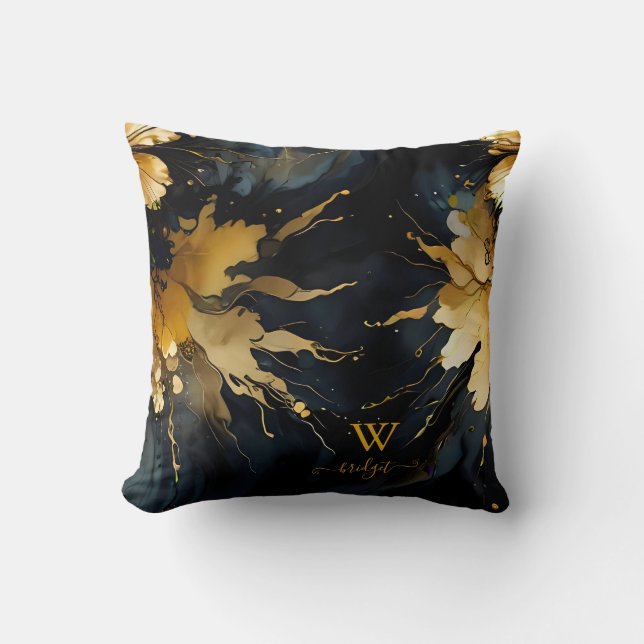 trendy abstract black gold marble throw pillow (Front)