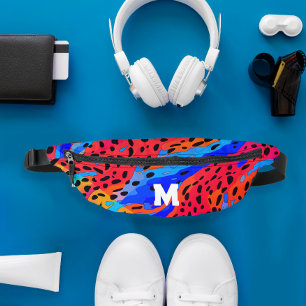 Trendy Abstract Blue Red Animal Print Monogram Fanny Pack