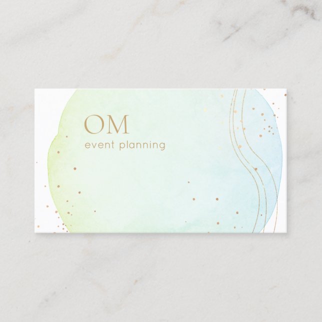 Trendy Abstract Ombre Watercolor with Gold Accents Business Card (Front)
