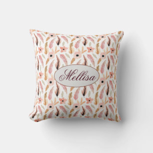 Trendy Abstract Pink Floral Pattern Monogram Name Throw Pillow