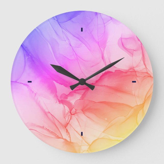 Trendy Abstract Pink Orange and Purple Ink Art Large Clock (Front)