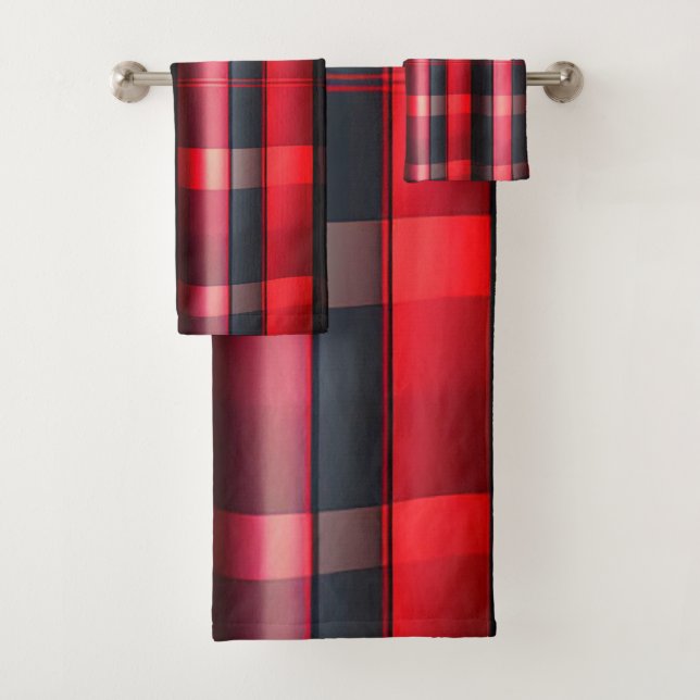 Trendy Abstract Red Black Plaid Collection Bath Towel Set (Insitu)