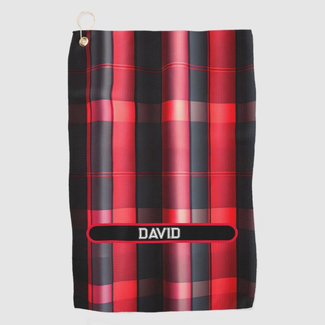 Trendy Abstract Red Black Plaid Collection Golf Towel (Front)