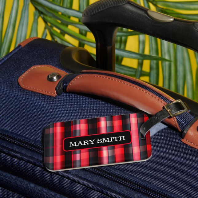 Trendy Abstract Red Black Plaid Collection Luggage Tag (Front Insitu 3)