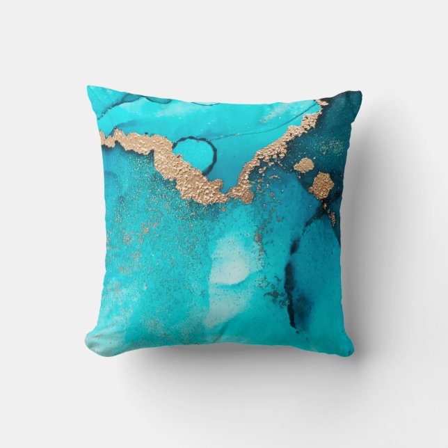 Trendy Abstract Teal Gold Swirls Throw Pillow (Front)