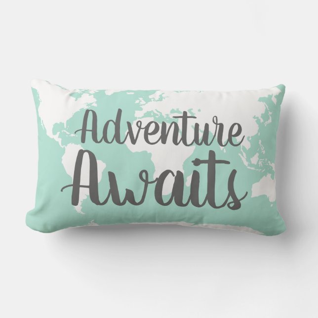 Trendy Adventure Awaits World Map in Mint Lumbar Pillow (Front)