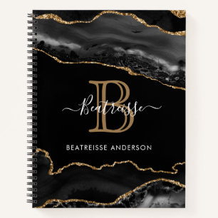 Trendy Agate Geode Glitter Black Gold Monogram Notebook