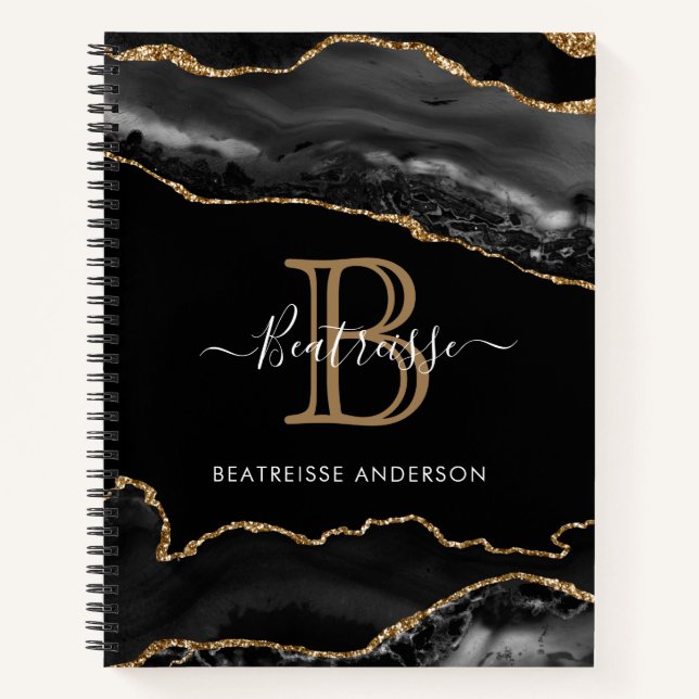 Trendy Agate Geode Glitter Black Gold Monogram Notebook (Front)