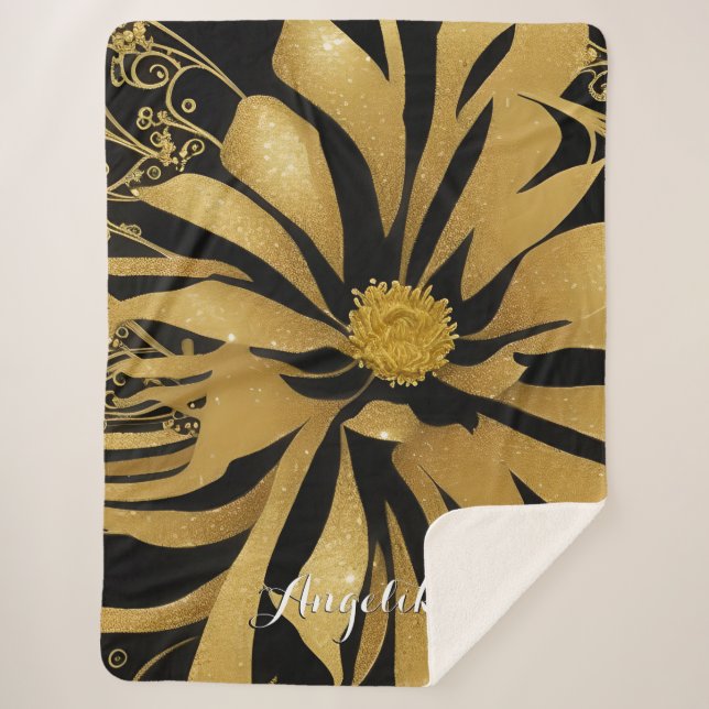 Trendy and Chic Floral Black and Gold Name Sherpa Blanket (Front)