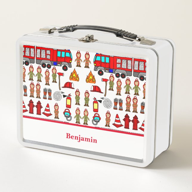 Trendy and Cute Red Fire Engine & Fire Fighters Metal Lunch Box (Front)