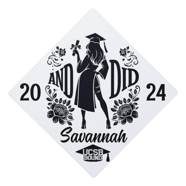 Trendy "AND DID" Urban Woman's Silhouette Black Graduation Cap Topper (Front)