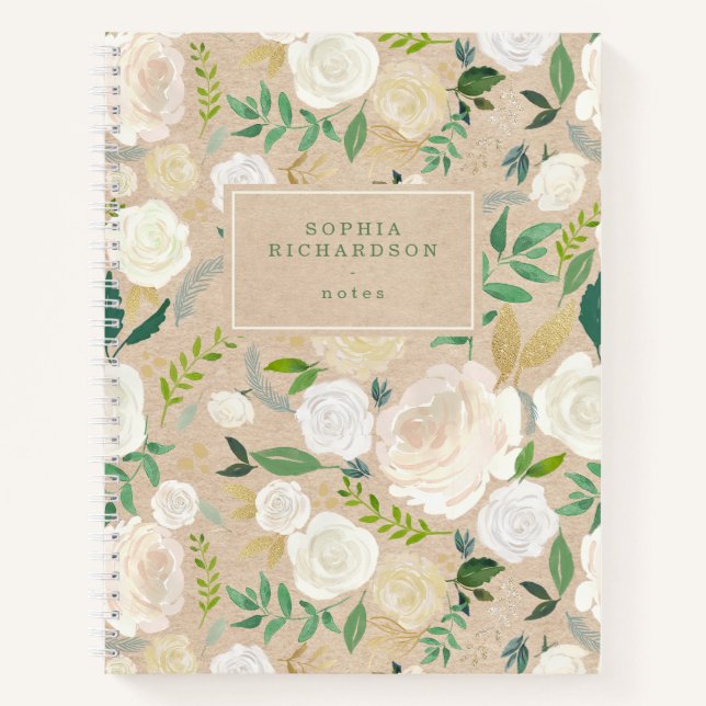 Trendy and Rustic White Floral on Kraft Look Notebook (Front)
