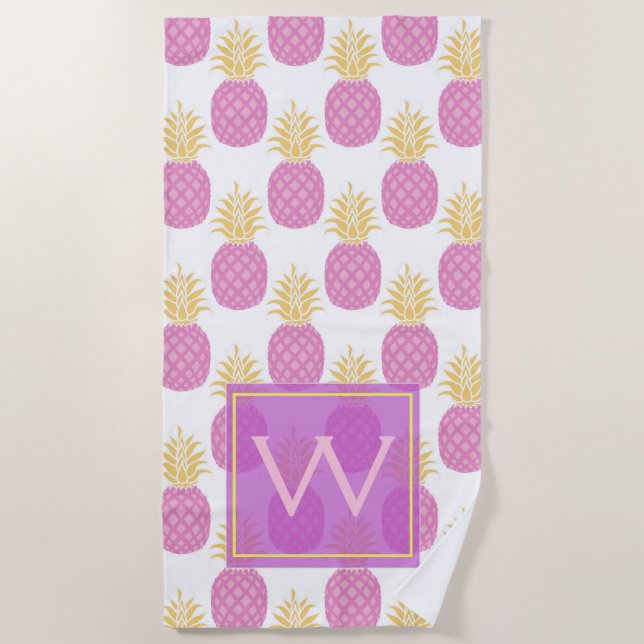 Trendy and tropical bright purple pineapples beach towel (Front)