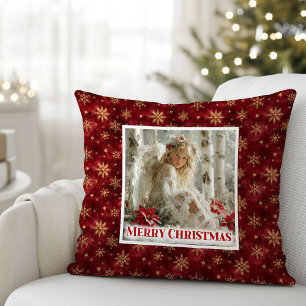 Trendy Angel Poinsettia Red Gold Personalized Xmas Throw Pillow
