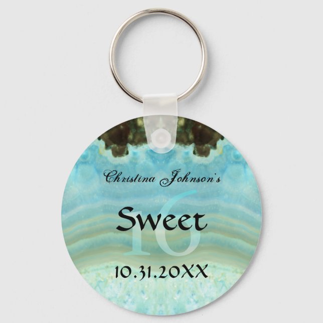 Trendy Aqua Blue Crystal Sweet 16 Party Favours Keychain (Front)