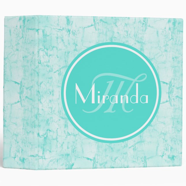 Trendy Aqua Mint Crackle Pattern With Monogram Binder (Front/Spine)