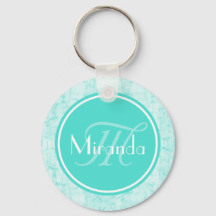 Trendy Aqua Mint Crackle Pattern With Monogram Keychain