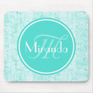Trendy Aqua Mint Crackle Pattern With Monogram Mouse Pad
