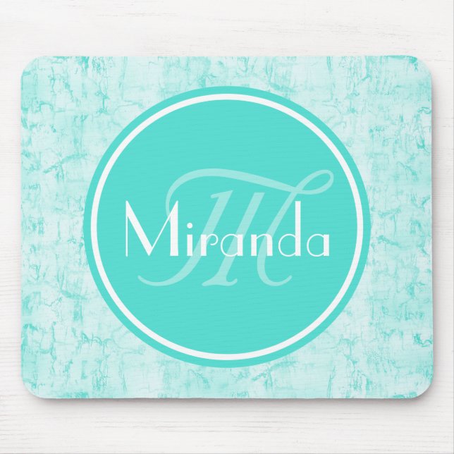 Trendy Aqua Mint Crackle Pattern With Monogram Mouse Pad (Front)