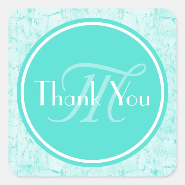 Trendy Aqua Mint Thank You With Monogram Square Sticker (Front)