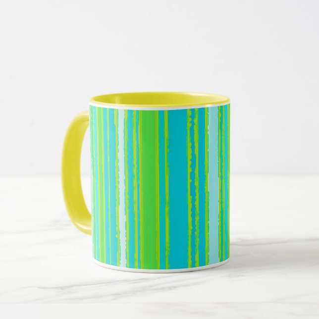 Trendy Aqua Turquoise Lime Green Stripes Pattern Mug (Front Left)