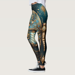 Trendy Art Deco Blue Gold Butterfly Yoga  Leggings