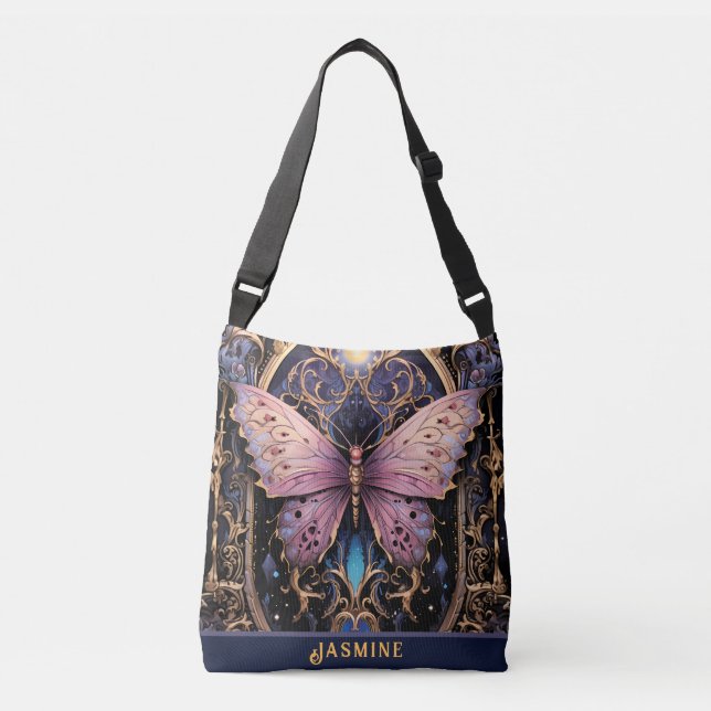 Trendy Art Deco Purple Pink Gold Butterfly Crossbody Bag (Front)