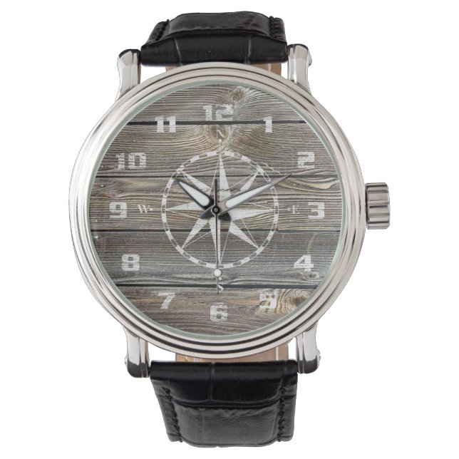 Trendy Authentic looking Wood Nautical Compass Watch (Front)