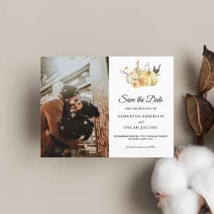 Trendy Autumn Watercolor Pumpkin & Flowers Announcement Postcard