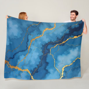 Trendy Azure Blue Gold Marble Collection Fleece Blanket