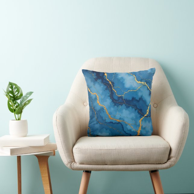 Trendy Azure Blue Gold Marble Collection Throw Pillow (Chair)
