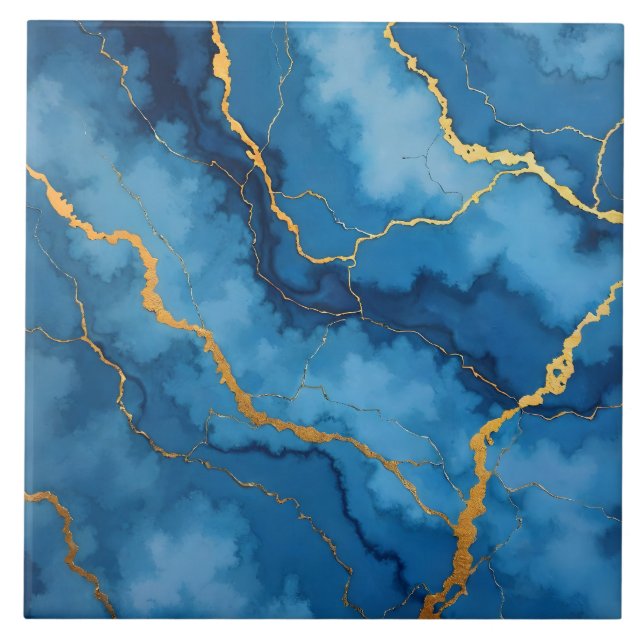 Trendy Azure Blue Gold Marble Collection Tile (Front)
